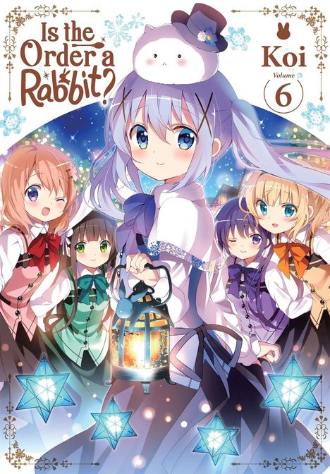 Text: "Is the order a rabbit?", "Presented by Koi". Illustration von fünf Mädchen in farbenfroher Kleidung mit Laternen.