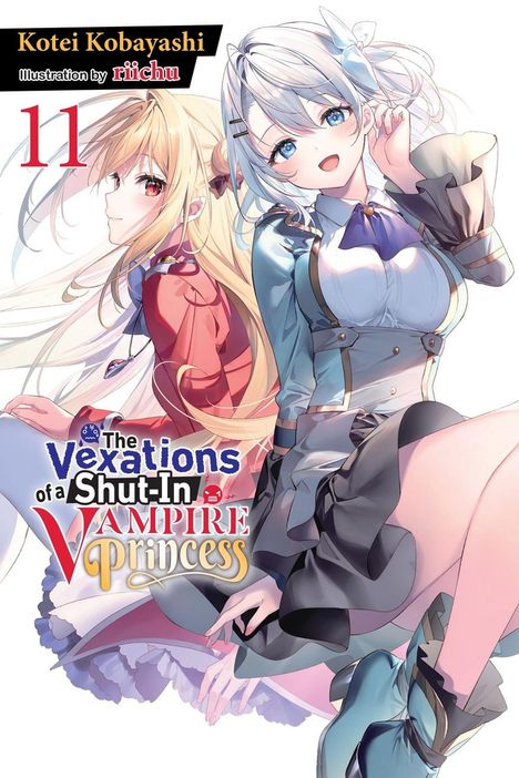 "The Vexations of a Shut-In Vampire Princess" in bunten Buchstaben. Zwei Anime-Figuren, eine blond, die andere mit silbernem Haar.