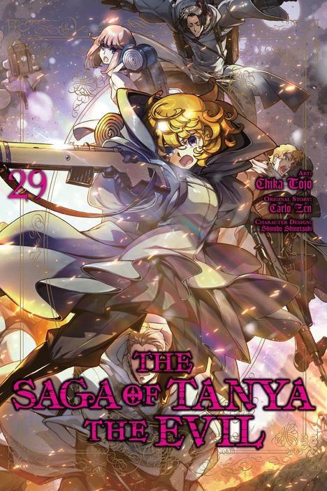 "29", "THE SAGA OF TANYA THE EVIL", "Art: Chika Tojo", "Original Story: Carlo Zen". Anime-Charaktere mit Waffen in dynamischer Pose.