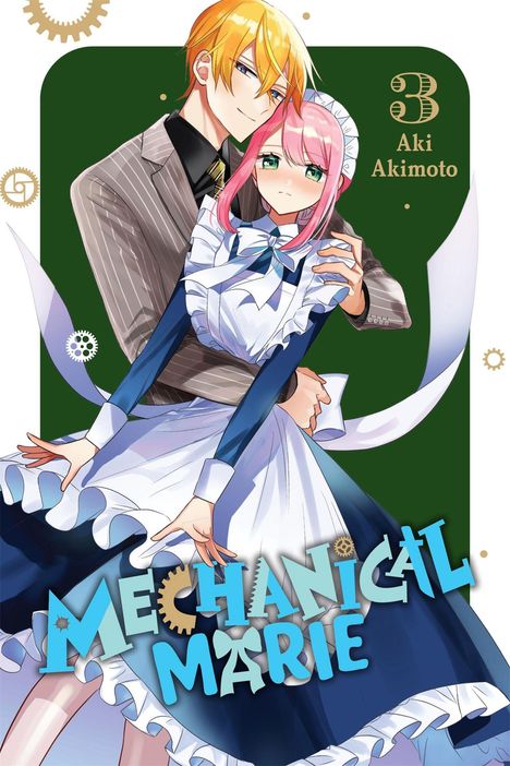 "Mechanical Marie" steht unten. Zwei Manga-Figuren: ein Mann mit blondem Haar umarmt eine Frau in einem Dienstmädchenkostüm.