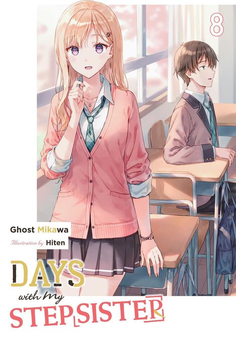 „Ghost Mikawa, Illustration by Hiten, DAYS with My STEPSISTER 8“. Anime-Illustration: Mädchen und Junge im Klassenzimmer.