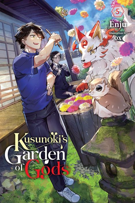 "Kusunoki's Garden of Gods" ist eine farbenfrohe Illustration mit einem freudigen Mann, einem tierähnlichen Wesen und Blüten.