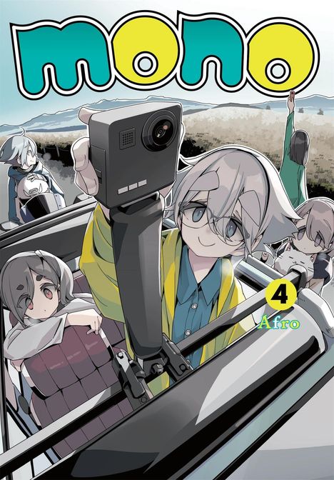 Text: "mono", "4", "Afro". Illustration von fünf stilisierten Figuren in einem Auto, die eine Kamera halten.