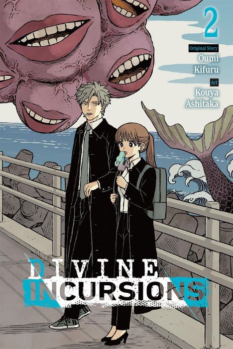 „DIVINE INCURSIONS“, Band 2. Zwei Personen auf einer Promenade, Monster im Hintergrund, Mädchen mit Eiscreme.