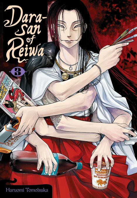 "Dara-san of Reiwa", Band 3. Haruomi Tomotsuka. Figur mit dunklem Haar, vier Armen, hält Magazine, Trinken, Essen.