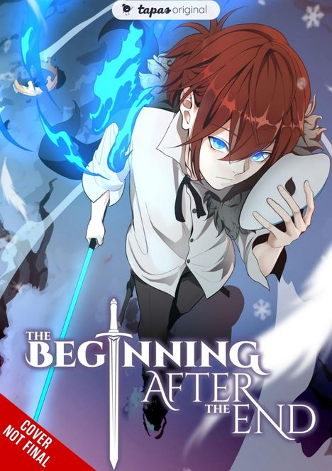 „The Beginning After The End“, „COVER NOT FINAL“, tapas original. Illustration eines rothaarigen Charakters mit Magie.