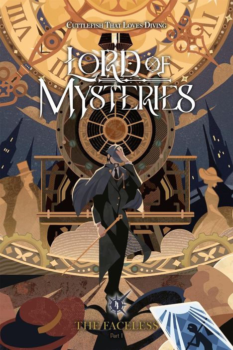 „Cuttlefish That Loves Diving: Lord of Mysteries, The Faceless Part I.“ Illustration eines Mannes vor Zahnrädern mit Zylinder.