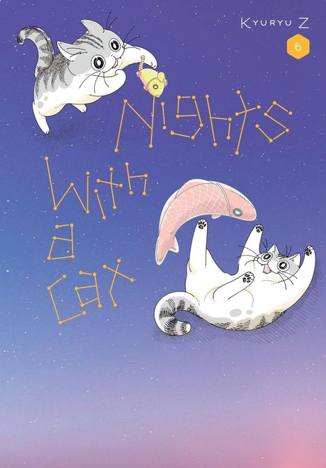 „Nights With a Cat“ in gelber Punkt-Buchstaben-Schrift, zeigt zwei verspielte Katzen und Spielzeug vor einem Abendhimmel.
