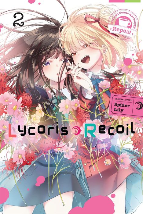 „Lycoris Recoil“, „Spider Lily“, „Official Comic Anthology“. Zwei fröhliche Manga-Mädchen mit Blumen.