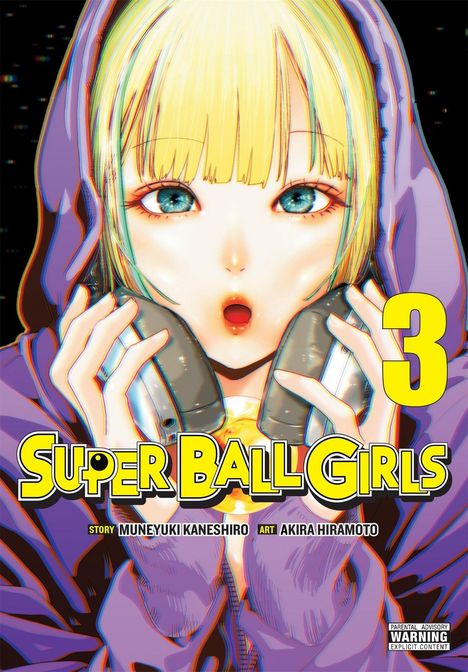 „Super Ball Girls 3“. Ein blondes Mädchen mit blauen Augen und Kopfhörern trägt einen lila Hoodie.