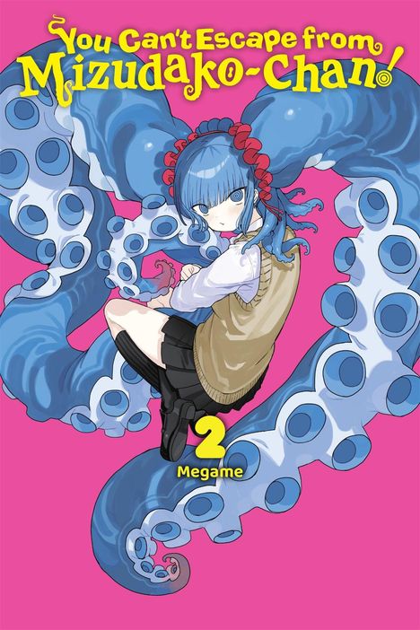 Text: "You Can't Escape from Mizudako-Chan! 2 Megame." Illustration eines Mädchens mit blauen Tentakeln auf rosa Hintergrund.