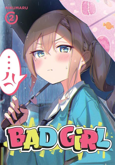 „BAD GIRL“ in bunten Buchstaben. Junge Frau mit Regenschirm, leicht verlegener Ausdruck. Anime-Illustration.