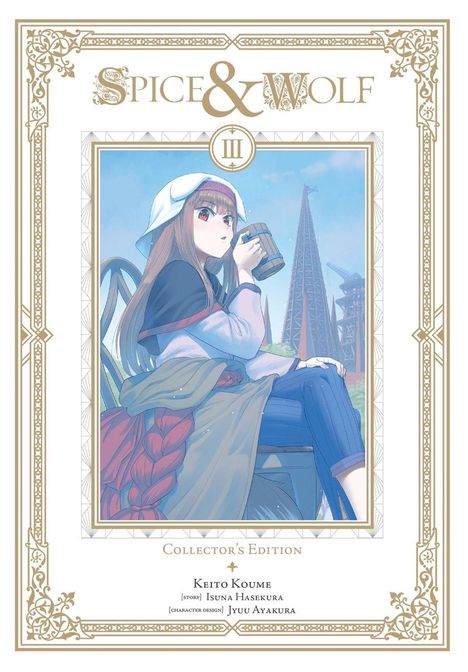 "Spice & Wolf III Collector's Edition" steht oben. Eine Figur mit langen Haaren und Mütze hält einen Krug. Im Hintergrund Türme.