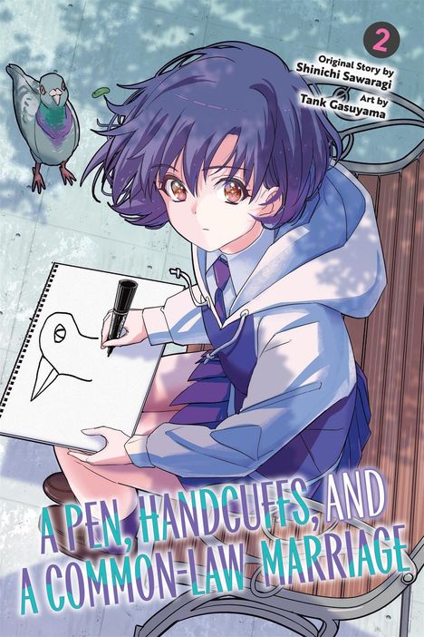 "A PEN, HANDCUFFS, AND A COMMON-LAW MARRIAGE" steht über einer Illustration eines Mädchens, das eine Taube zeichnet.