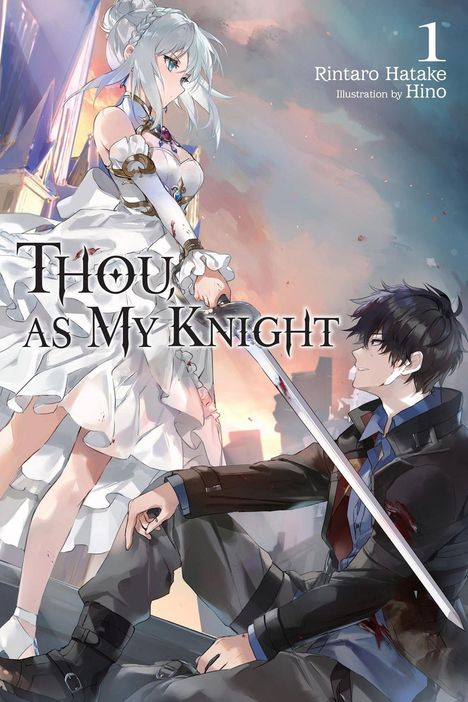 „Thou as My Knight“ in großen Buchstaben. Darunter eine Frau mit weißem Kleid und einem Mann mit Schwert.