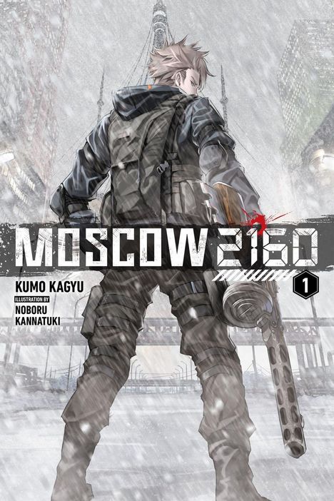"Moscow 2160", Kumo Kagyu, Illustration von Noboru Kannatuki. Mensch in Winterkleidung mit Waffe im Schnee.