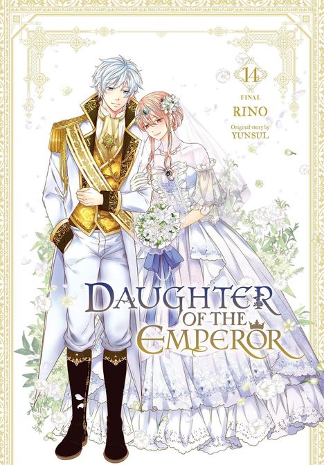 „DAUGHTER OF THE EMPEROR“, „14 FINAL“, „RINO“, „Original story by Yunsul“. Manga-Stil: Hochzeitspaar in festlichen Kleidern.