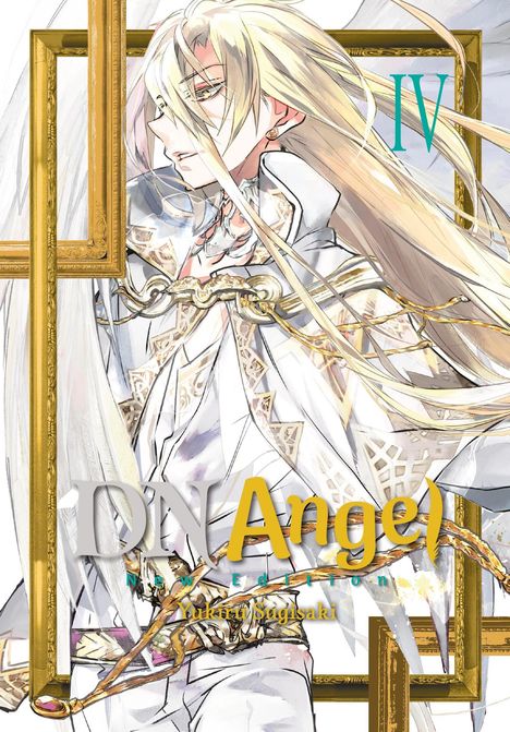 DN Angel New Edition. Eine Illustration zeigt eine Person mit langen, blonden Haaren und luxuriöser Kleidung, umrahmt von goldenen Rahmen.