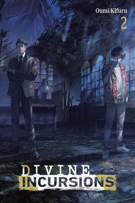 Text: "Oumi Kifuru 2" und "DIVINE INCURSIONS". Illustration mit zwei Personen in einer dunklen, verlassenen Umgebung.