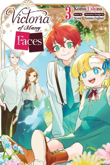Aufschrift: "Victoria of Many Faces", "3", "Komo Ushino". Manga-Stil. Vier fröhliche Personen im Freien.