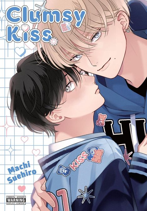 "Clumsy Kiss" steht oben, gefolgt von "Machi Suehiro" unten links, daneben eine Warnung. Zwei Jungen in inniger Pose; bunte Kleidung.