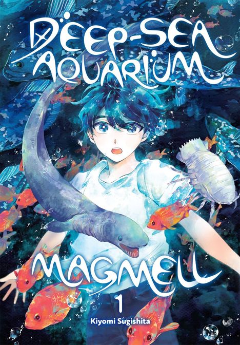 „Deep-Sea Aquarium Magmell“, Kiyomi Sugishita. Junge mit Fischen, blaues Wasser, farbenfrohe Meereswelt.