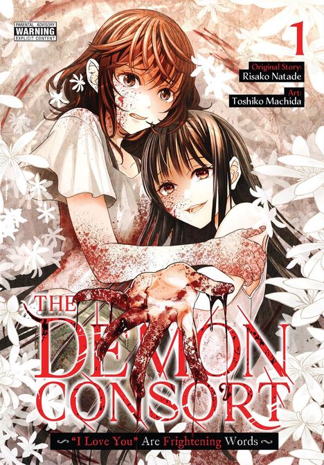 „The Demon Consort“, blutige Hand, zwei Mädchen umarmt, Blumenmuster, Manga-Stil, düstere Atmosphäre.