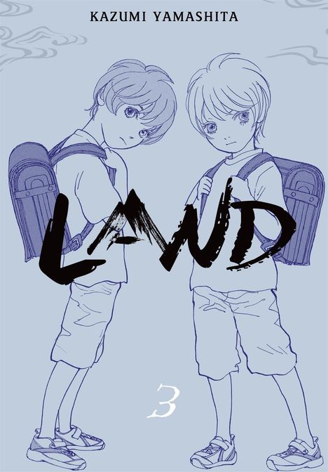 „KAZUMI YAMASHITA“, „LAND“, „3“. Zwei Kinder mit Schulranzen, in Manga-Stil gezeichnet.
