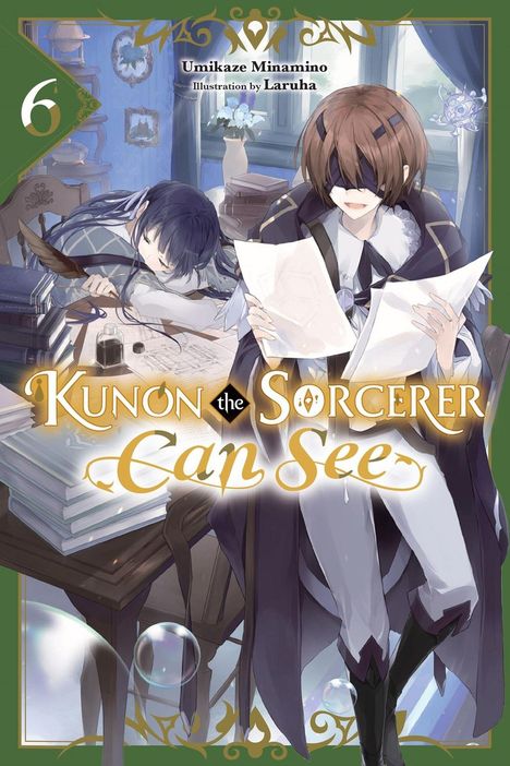 „6“, „Umikaze Minamino“, „Illustration by Laruha“, „Kunon the Sorcerer Can See“. Zwei Personen in einem Raum.