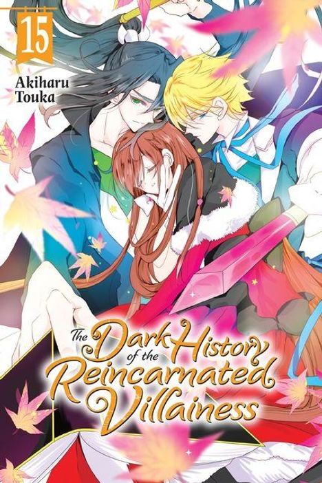 "15, Akiharu Touka, The Dark History of the Reincarnated Villainess." Drei Personen, herbstliche Blätter, Manga-Stil.