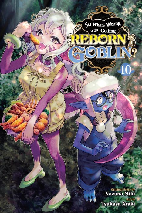 "Reborn as a Goblin? 10" Zwei fantasievolle Kreaturen: eine lila und eine blaue, im Wald. Die lila Figur hält Essen.