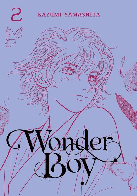 "2, Kazumi Yamashita, Wonder Boy." Illustration eines lächelnden Jungen mit Schmetterlingen.