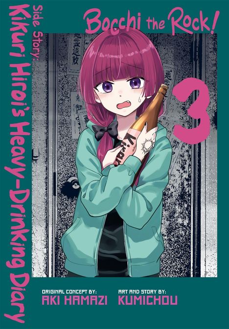 "Side Story: Kikuri Hiroi's Heavy-Drinking Diary" in pink. Illustrationsstil: Anime. Mädchen mit lila Haaren und Flasche.