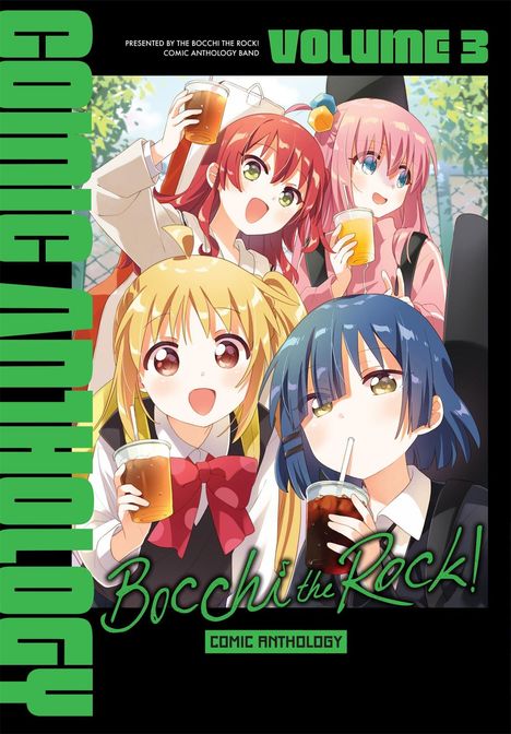"VOLUME 3", "Bocchi the Rock!", "COMIC ANTHOLOGY". Vier Anime-Figuren halten Getränke, lächeln fröhlich in einer bunten Illustration.