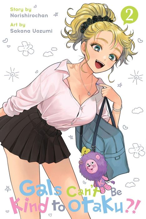 „Story by Norishirochan, Art by Sakana Uozumi.“ Junge Frau, blond, fröhlich, trägt weiße Bluse, schwarzen Rock, Tasche.