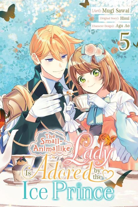 "The Small-Animalike Lady Is Adored by the Ice Prince" und Nummer 5. Illustration: Ein Paar beim Tee, bunter Hintergrund.