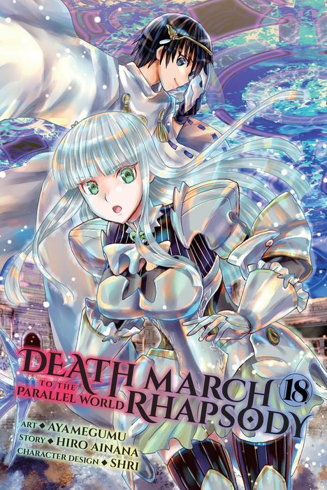 „DEATH MARCH TO THE PARALLEL WORLD RHAPSODY 18“. Zwei Figuren in Rüstungen vor einem bunten, fantasievollen Hintergrund.