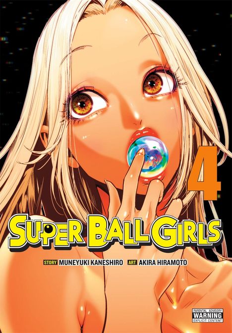 "Super Ball Girls", Band 4; Frau mit leuchtenden Augen, hält bunten Ball mit den Lippen, blondes Haar, Illustration.