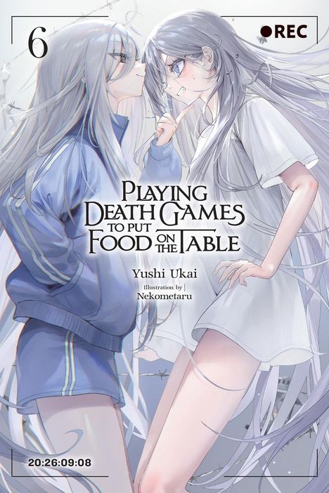 "Playing Death Games to Put Food on the Table" ist in einer Illustration zweier Mädchen mit langen Haaren dargestellt.