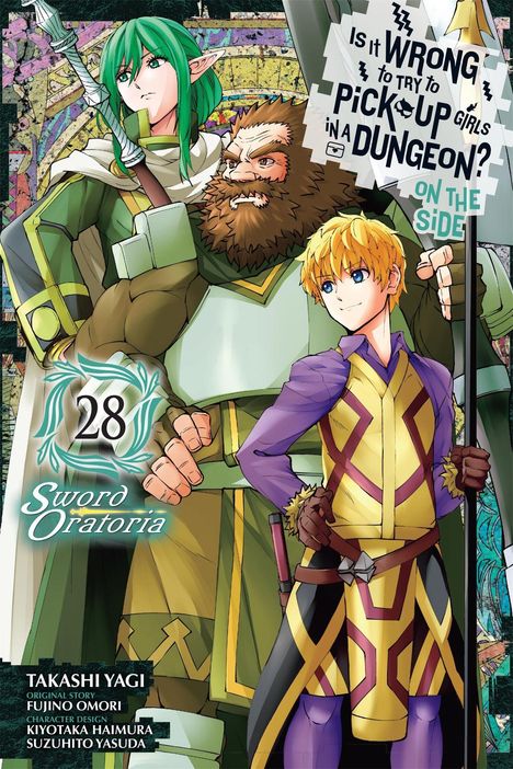 "Is it wrong to try to pick up girls in a dungeon? On the side, 28, Sword Oratoria." Drei Figuren in Abenteurerkleidung.