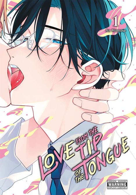 Text: „Love from the Tip of the Tongue“, „1“, „An Momose“. Zwei Personen küssen sich leidenschaftlich in einer Illustration.