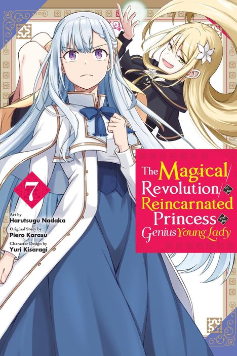 Text: "The Magical Revolution of the Reincarnated Princess and the Genius Young Lady". Zwei Anime-Figuren, eine mit silbernem Haar vorne, die andere blond und fröhlich im Hintergrund.