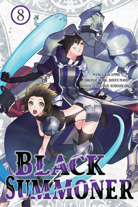 „Black Summoner“ und „8“ oben links. Drei Charaktere in Rüstung, ein schlanker blauer Schleim, lebendige Farben.