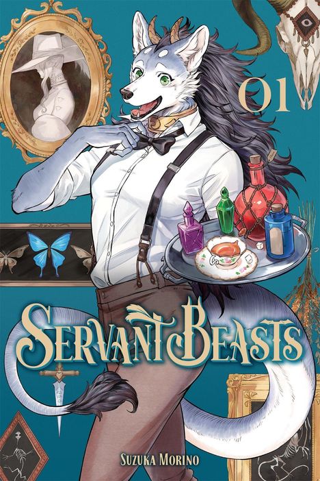 "Servant Beasts", "Q1", "Suzuka Morino". Wolf mit Tablett, bunte Flaschen, elegantes Outfit, Gemälde im Hintergrund.