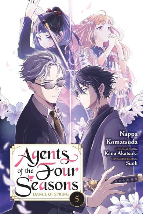 "Agents of the Four Seasons: Dance of Spring" Band 5. Zwei Männer im Anzug, zwei Frauen im Hintergrund. Manga-Stil.