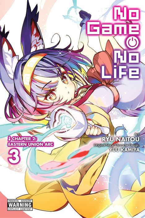"No Game No Life" in pink Schrift. Kapitel 2, Eastern Union Arc. Darunter Figur mit bunten Haaren und auffälligen Hasenohren.