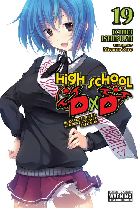 "19 Ichiei Ishibumi, Illustration by Miyama-Zero, High School DxD. Anime-Stil Mädchen mit blauen Haaren und Studentenratsband."