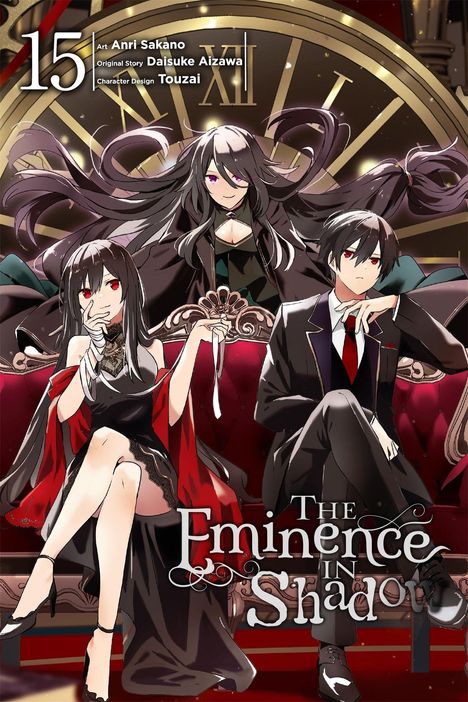 „The Eminence in Shadow“. Drei stilisierte Figuren in eleganter Kleidung vor einer großen Uhr.