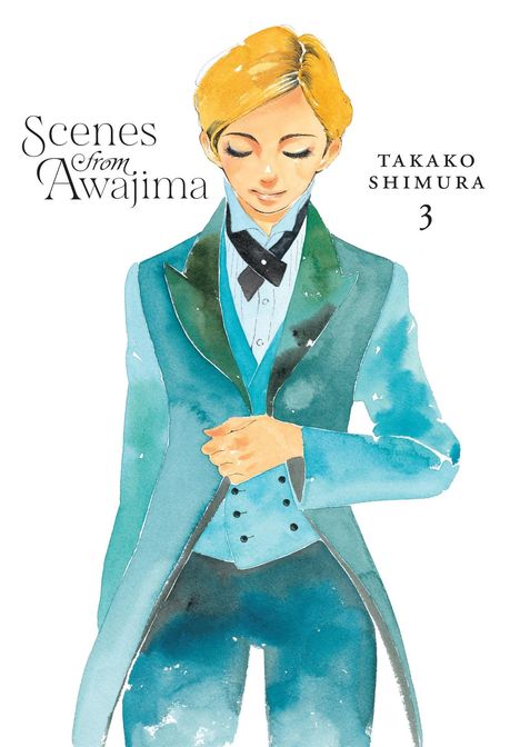 „Scenes from Awajima“, „Takako Shimura 3“. Illustration einer Person in elegantem, blauem Anzug mit geschlossenen Augen.