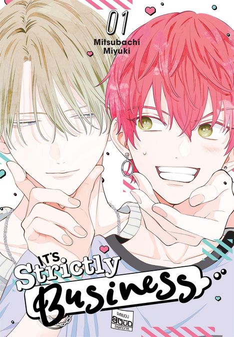 Text: "01 Mitsubachi Miyuki, It's Strictly Business". Zwei Manga-Figuren, einer mit blondem, der andere mit rotem Haar, lächeln.